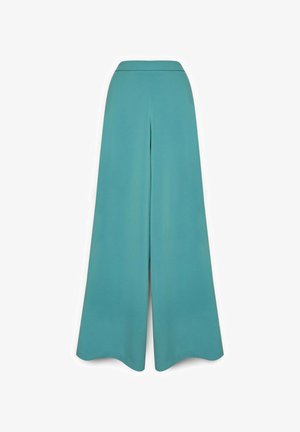 Højtaljede, brede bukser i grønblå med en søm foran i midten og en glat taljebånd, vist på en hvid baggrund.