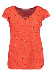 Rode top met korte mouwen en een V-hals, versierd met verspreide hartjespatronen in zwart en wit. Gemaakt van lichtgewicht stof met een relaxte pasvorm.