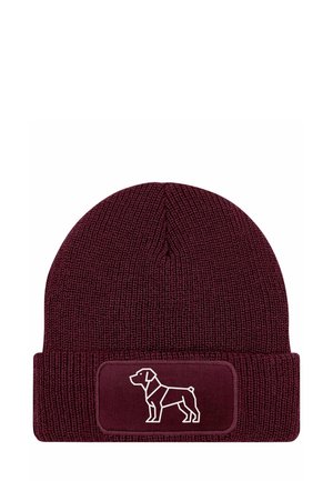Burgundy knit beanie with a textured finish, featuring a rectangular patch with a white dog silhouette.