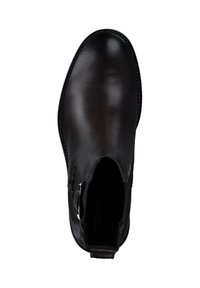 Botte cheville en cuir noir avec des panneaux élastiques sur les côtés, bout arrondi et finition élégante. Comprend une petite boucle sur le talon pour un enfilage facile.