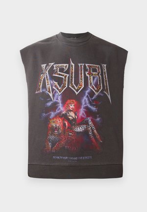 Black sleeveless graphic sweatshirt featuring "KSUBI" logo, vivid print of a woman with leopard accents, and a leopard illustration below.
