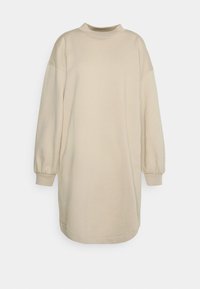 Beige Sweatshirt-Kleid mit langen Ärmeln, hohem Kragen und lockerer Passform. Aus weichem Stoff mit gerippten Bündchen und Saum.