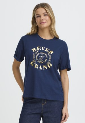 Marineblaues Baumwoll-T-Shirt mit kurzen aufgerollten Ärmeln, mit goldfarbenem Text "RÊVER GRAND" und floralem Design in der Mitte.