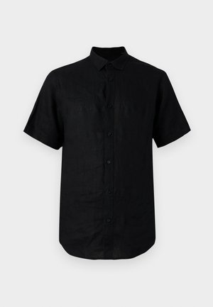 Camicia nera a maniche corte in lino, con colletto alla francese, chiusura a bottoni, orlo curvo e una texture liscia.