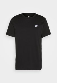 Black cotton t-shirt with short sleeves, round neck, featuring a small white Nike logo on the left chest area.
