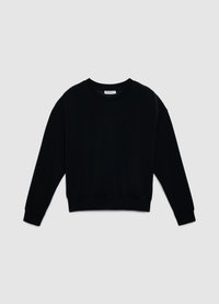 Sweat-shirt noir à manches longues en tissu doux, doté d'un col rond, de poignets en côte et d'un ourlet froncé. Sans motifs ni logos visibles.