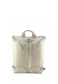 Zaino in ecopelle beige con finitura testurizzata, doppie cinghie frontali, manico superiore e accenti in metallo argentato, dotato di un compartimento con zip.