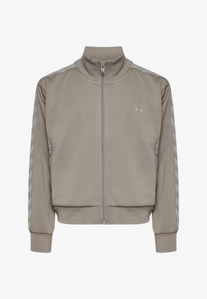 Grå trackjakke med lynlås foran lavet af glat stof, med sidestriber og ribstrikkede manchetter. Inkluderer en høj krave og diskret logodetalje.