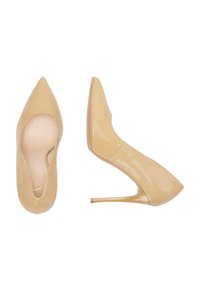 Pantofi cu toc înalt bej, cu vârf ascuțit, material superior neted, finisaj lucios și toc stiletto. Talpa interioară cu perforații.