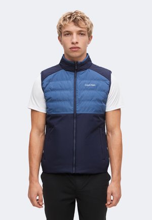 Junger Mann mit blondem lockigem Haar, der eine blau-navy ärmellose Weste mit Reißverschluss über einem weißen kurzärmeligen Hemd vor einem schlichten Hintergrund trägt.
