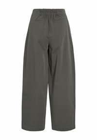 Plačios tamsiai pilkos spalvos kelnės su elastinga juosmens juosta ir dviem nugara kišenėmis. Minkšta tekstūra su lygiu paviršiumi.