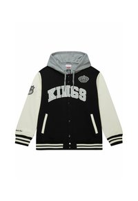 Schwarze und cremefarbene Collegejacke mit grauem Kapuzenpullover, ausgestattet mit dem Aufdruck "KINGS" in großen Buchstaben, seitlichen Taschen und gestreiften Bündchen. Kronenlogo auf der Brust.