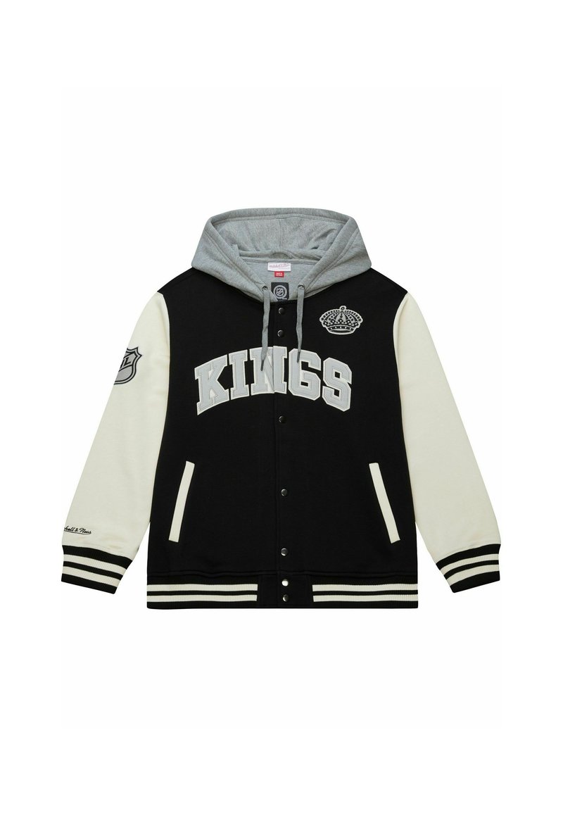 Schwarze und cremefarbene Collegejacke mit grauem Kapuzenpullover, ausgestattet mit dem Aufdruck "KINGS" in großen Buchstaben, seitlichen Taschen und gestreiften Bündchen. Kronenlogo auf der Brust.