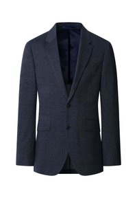 Pánské tmavě šedé kárované sako s výřezovými klopami, dvěma černými knoflíky, kapsami s klopami a tmavým vnitřním podšívkou.