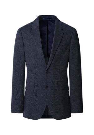 Dunkelgrauer karierter Herrenblazer mit Kerbkragen, zwei schwarzen Knöpfen, Pattentaschen und dunklem Innenfutter.