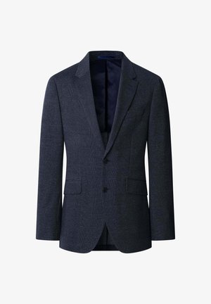 Blazer de hombre gris oscuro con cuadros, solapas con muesca, dos botones negros, bolsillos con tapa y forro interior oscuro.
