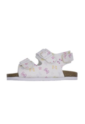 Sandalo bianco per bambini con motivi di farfalle rosa e gialle, due cinghie regolabili con fibbia sulla parte superiore e suola in sughero.