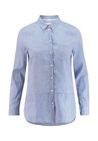 Blue and white striped button-up shirt with a collar, long sleeves, and a single chest pocket. Smooth texture with a curved hemline.