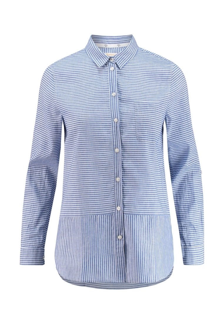 Blue and white striped button-up shirt with a collar, long sleeves, and a single chest pocket. Smooth texture with a curved hemline.