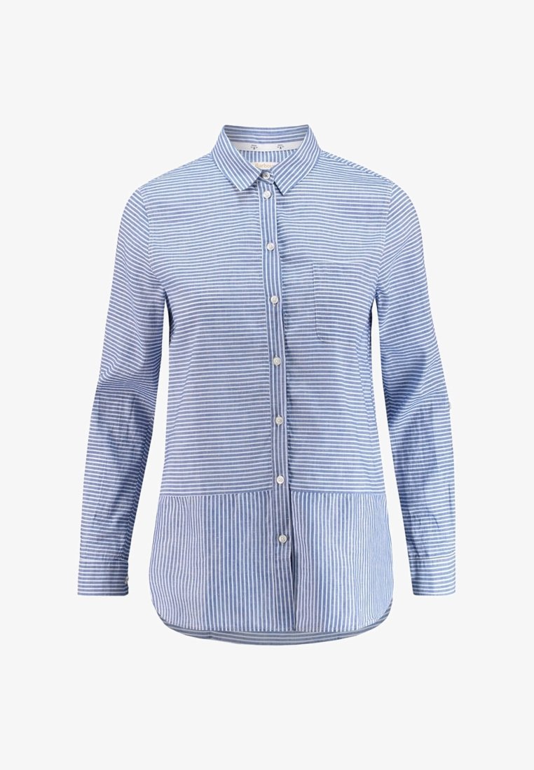 Blue and white striped button-up shirt with a collar, long sleeves, and a single chest pocket. Smooth texture with a curved hemline.