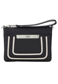 Czarna syntetyczna torba na ramię z kremowymi przeszyciami, srebrną blaszką z logo i zamkiem błyskawicznym oraz odpinanym paskiem na nadgarstek.