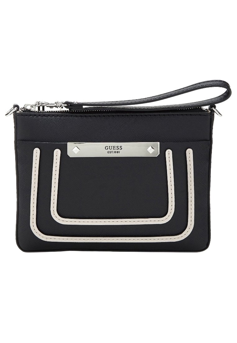 Czarna syntetyczna torba na ramię z kremowymi przeszyciami, srebrną blaszką z logo i zamkiem błyskawicznym oraz odpinanym paskiem na nadgarstek.