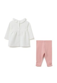 Weißes Baby-Oberteil mit langen Ärmeln, Rüschensaum und Druckknöpfen, kombiniert mit weichen rosa Baby-Leggings mit gerafften Knöcheldetails.