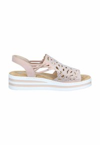 Women's beige wedge sandal with cut-out leaf pattern, elastic side straps, cushioned footbed, and white sole with beige stripes.