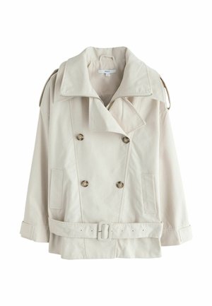 Hellbeiger zweireihiger Trenchcoat mit weitem Kragen, geknöpften Schulterriemen, Gürtel in der Taille und zwei vorderen Taschen.