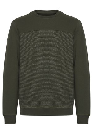 Olivenfarvet sweatshirt med en struktureret øverste sektion, der har lyse horisontale striber. Ribbenede håndled og halsudskæring for et tætsiddende look.