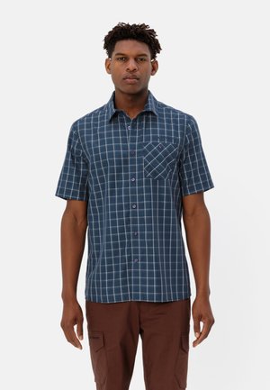 Kurzes, knöpfbares Hemd in Marineblau mit einem Karomuster. Verfügt über eine Brusttasche mit einem Diamantdesign und lila Knöpfen auf der Vorderseite.