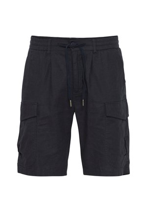 Schwarze Cargoshorts aus leichtem Material mit elastischem Bündchen, Kordelzugverschluss und mehreren Seitentaschen.