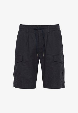 Fekete cargo short, könnyű anyagból készült, elasztikus derékkal, zsinóros lezárással és több oldalsó zsebbel.