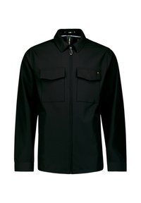 Zwarte zip-up jacket met kraag en twee voorflapzakken, lange mouwen en polsmanchetten, weergegeven op een witte achtergrond.