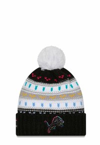 Schwarze Strickmütze mit einem weißen Pompon, die ein mehrfarbiges Streifenmuster aufweist und ein gesticktes Löwenlogo am Umschlag hat.
