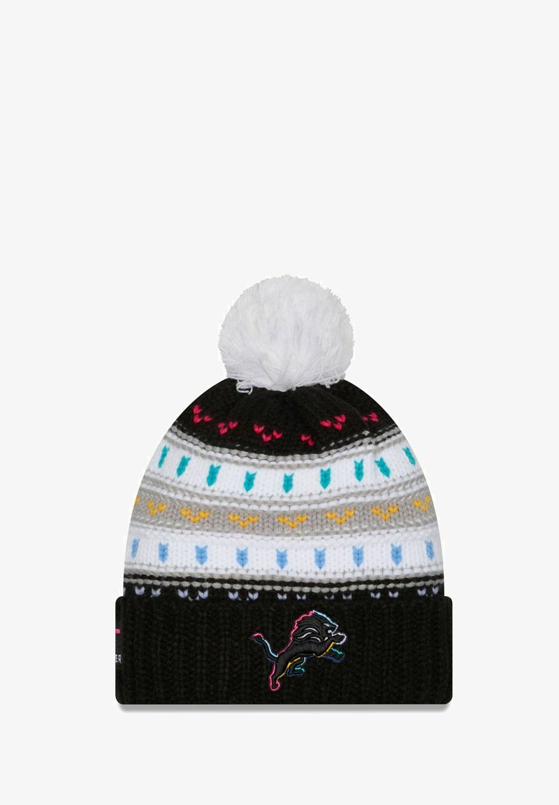 Black knit beanie with a white pom-pom, featuring a multi-colored striped pattern and an embroidered lion logo on the cuff.