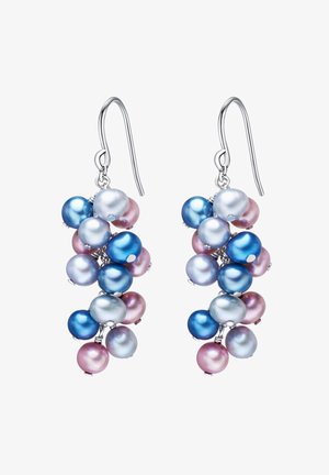 Klusteri kõrvarõngad, mis on kaunistatud mitmevärviliste pärlitega sinistes, roosades ja hõbedastes toonides, kinnitatud hõbedase tooni konksule.