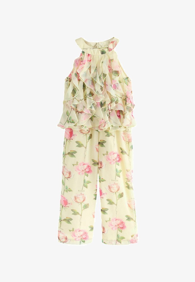 Ærmeløs buksedragt med blomsterprint og lagdelte flæser på toppen, pink og grøn blomstret mønster på lys cremefarvet stof, bukser med vide ben.