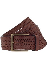 Ceinture en cuir brun avec un design perforé, dotée d'une boucle rectangulaire en laiton. Surface texturée avec des trous circulaires régulièrement espacés.