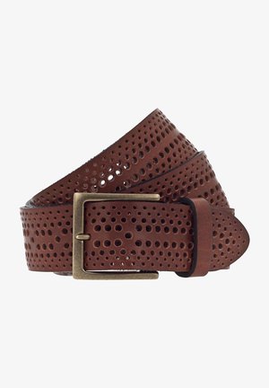 Brauner Ledergürtel mit perforiertem Design, ausgestattet mit einer rechteckigen Messingschnalle. Texturierte Oberfläche mit gleichmäßig verteilten runden Löchern.