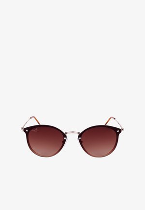 Brown gradient cat-eye sunglasses with thin silver metal accents and brown plastic temple tips. Lens features subtle detailing.