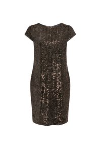 Musta mekko lyhyillä hihoilla, peitetty pystysuorilla, kimaltavilla paljeteilla, jotka luovat tyylikkään, teksturoidun ilmeen.