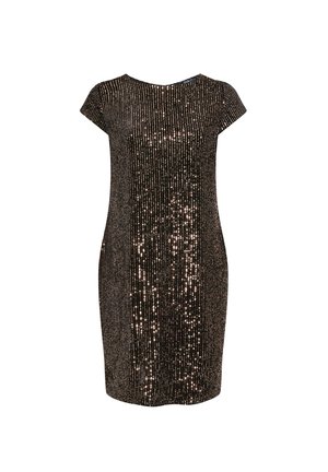 Vestido negro con mangas cortas, cubierto de filas verticales de brillantes lentejuelas, que crean una apariencia elegante y texturizada.