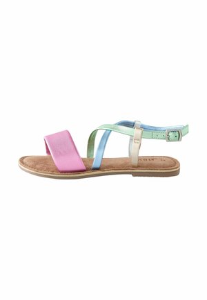 Sandalo piatto con una fascia in pelle rosa, dettagli blu e verde, una fascia alla caviglia regolabile beige e una soletta morbida color cammello.