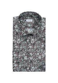 Koszulka w kwiaty z guzikami w kolorze szarym, z czarno-białymi wzorami kwiatowymi, z klasycznym kołnierzykiem i krótkimi rękawami, wykonana z lekkiego materiału.