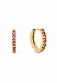 Goldene Creolen mit einer Reihe von rosa Edelsteinen auf einer Seite, glatter Oberfläche und einem klappbarenverschluss für einfaches Anlegen.