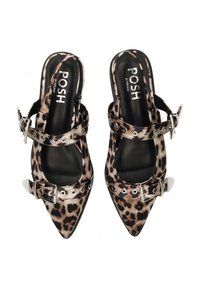 Scarpe con tacco a punta in stampa leopardata, con cinturini slingback, dettagli in fibbia argentata e cinturini borchiati. Interno nero liscio. Materiale in pelle sintetica.