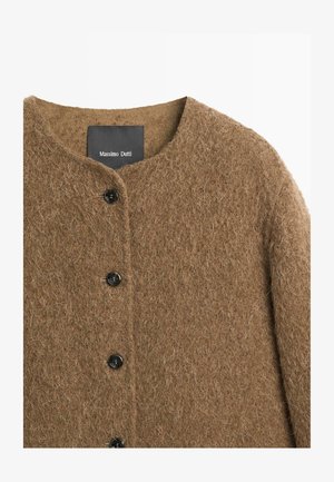 Brown woolen cardigan with a textured finish, round neckline, and three black buttons, featuring a label "Massimo Dutti" inside.