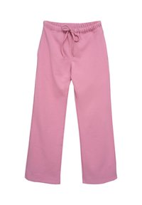 Jasnoróżowe spodnie dresowe z elastycznym pasem, sznurkiem, szerokimi nogawkami i gładką fakturą. Brak widocznych kieszeni lub dodatkowych detali.
