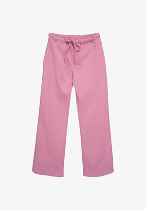 Jasnoróżowe spodnie dresowe z elastycznym pasem, sznurkiem, szerokimi nogawkami i gładką fakturą. Brak widocznych kieszeni lub dodatkowych detali.
